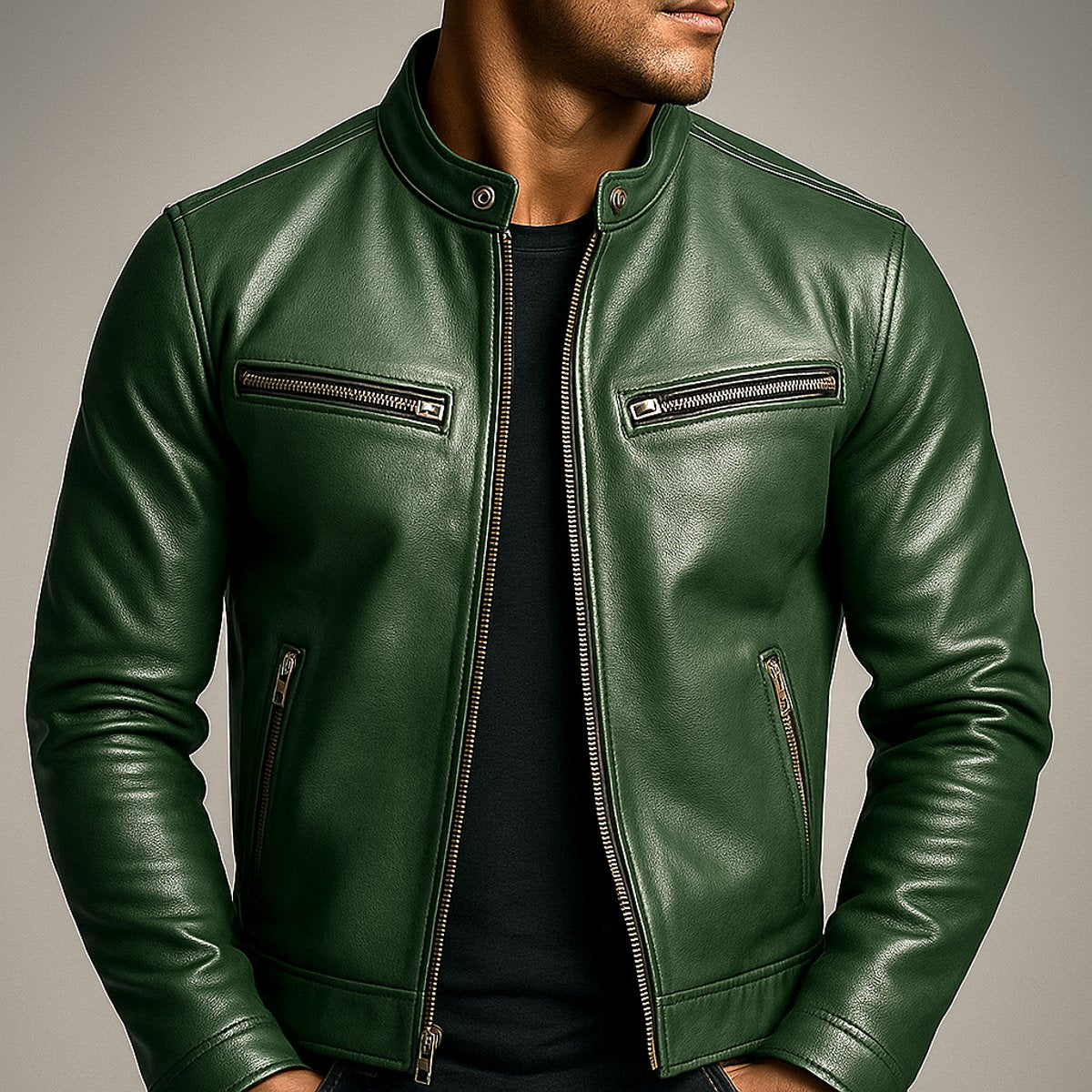 Men's vintage leather-look biker jacket with full zip front
