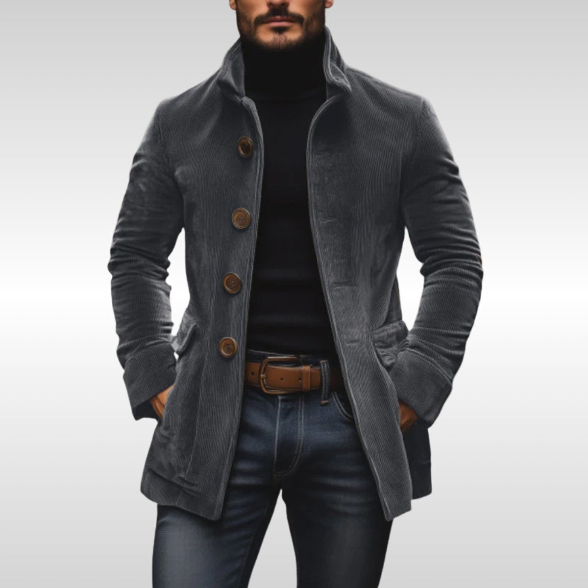 Men's Slim-Fit Corduroy Stand-Collar Wool Coat Button-Up product view