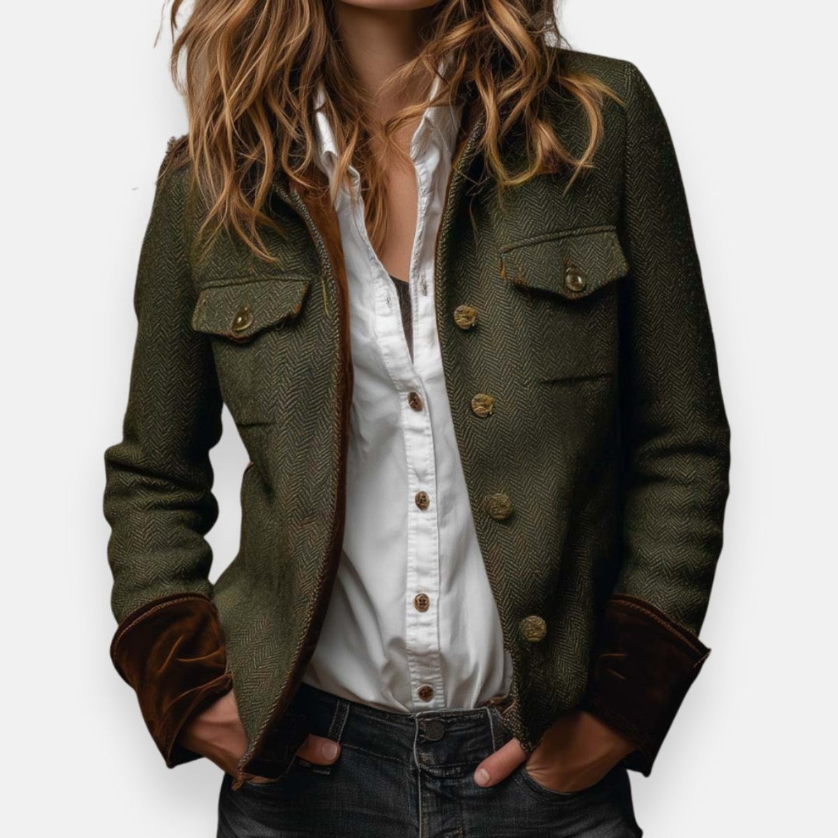 Women's Herringbone Tweed Military-Style Jacket Gold Button product view