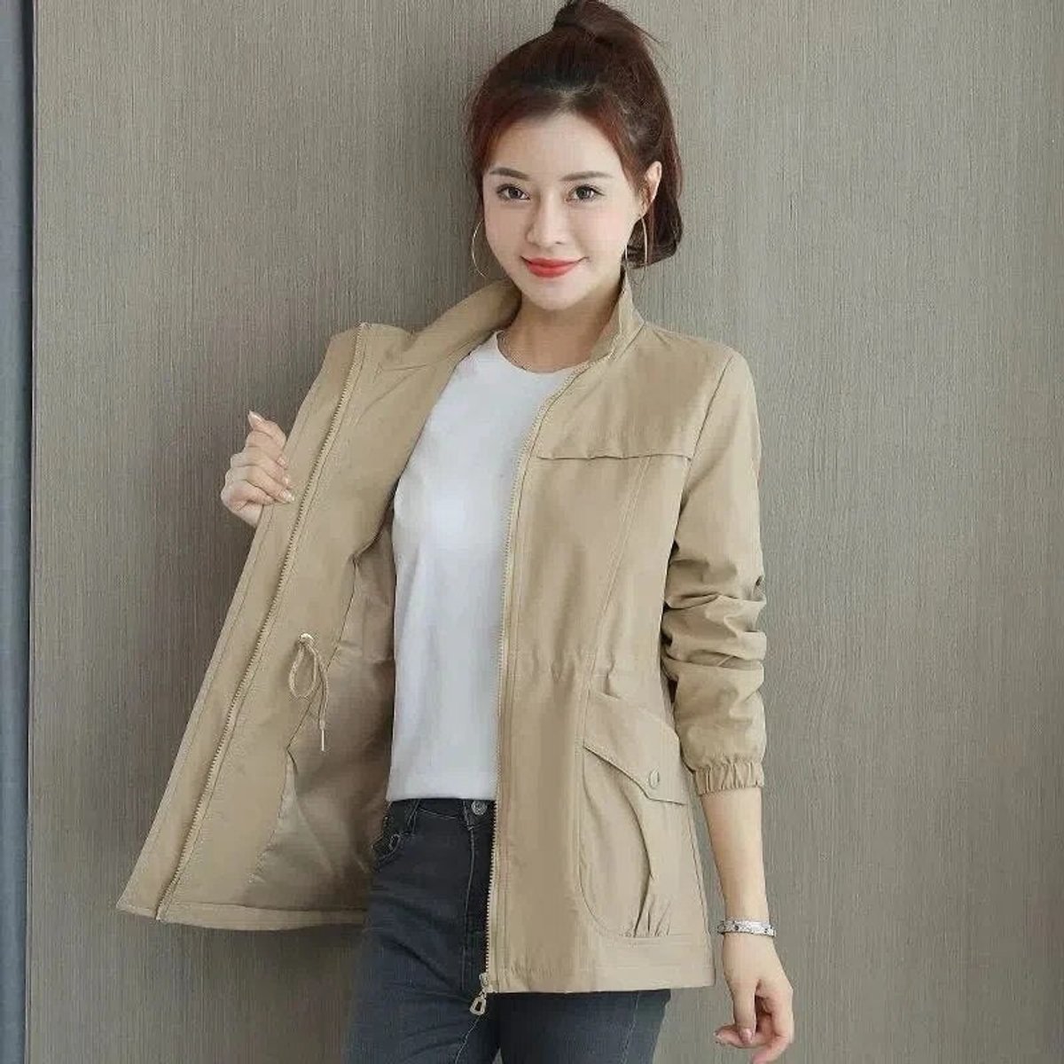 Women's Lightweight Zip-Up Short Bomber Jacket Drawstring Waist product view