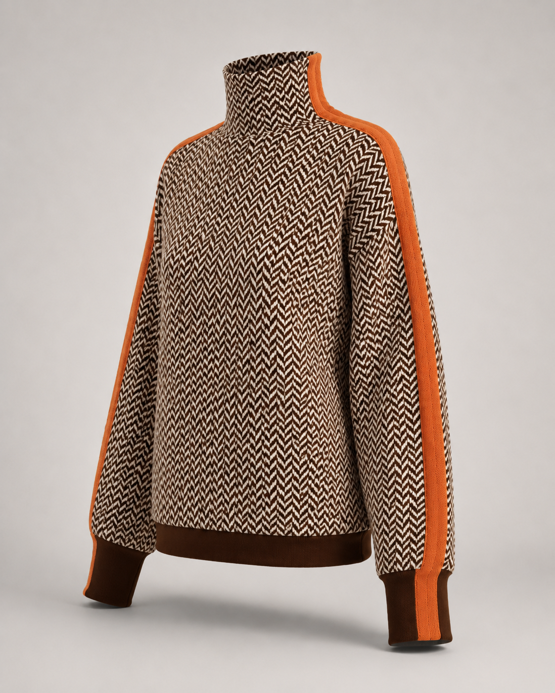 Herringbone Contrast Trim Turtleneck - Brown