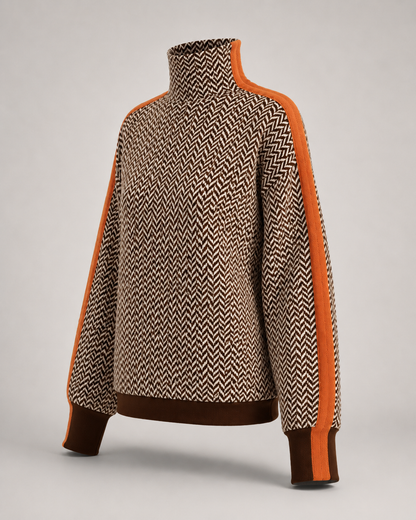 Herringbone Contrast Trim Turtleneck - Brown