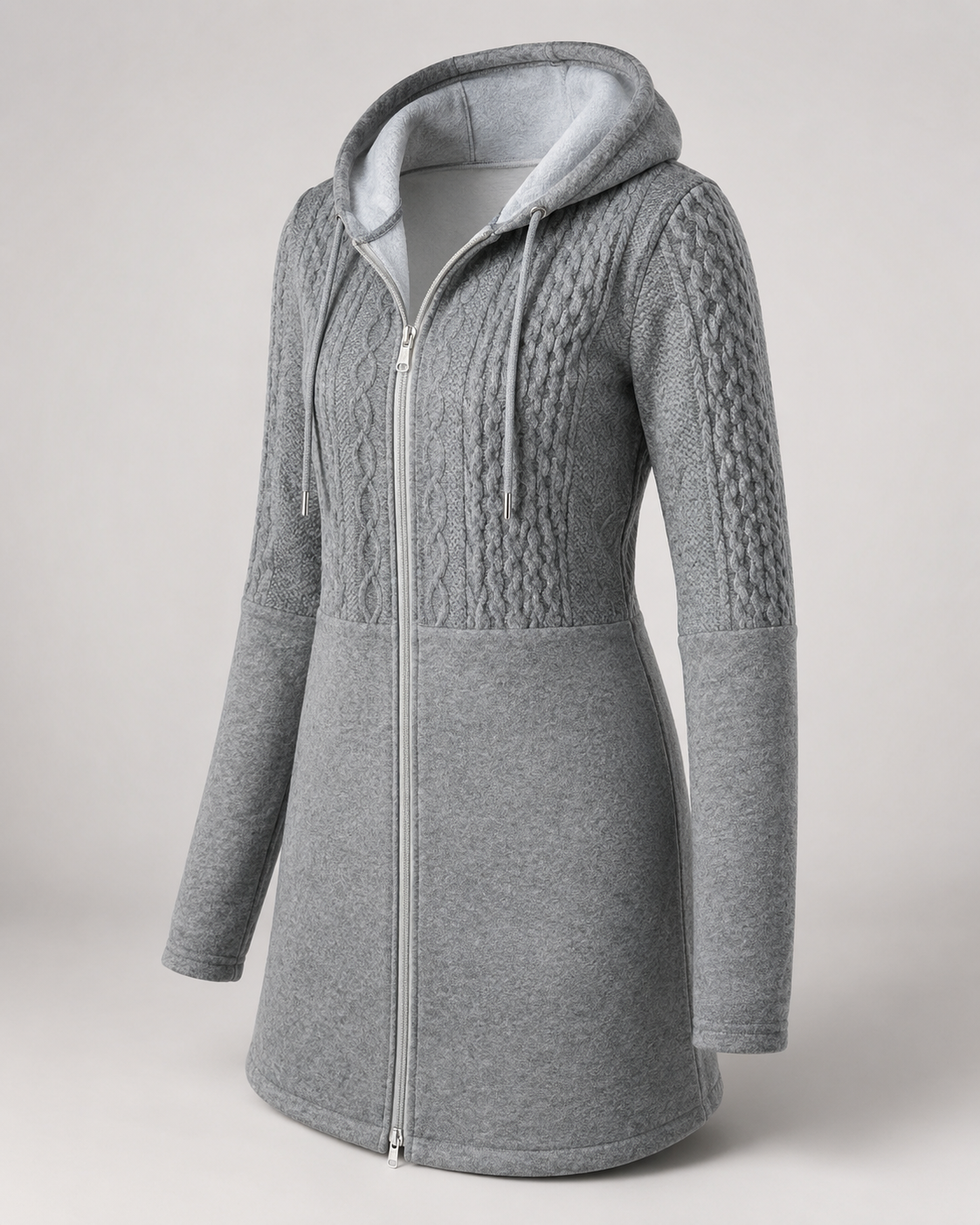 Cable Knit Hooded Zip Coat - Heather Grey