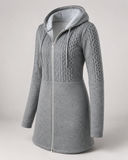 Cable Knit Hooded Zip Coat - Heather Grey