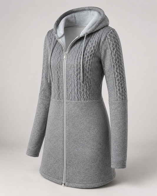 Cable Knit Hooded Zip Coat - Heather Grey