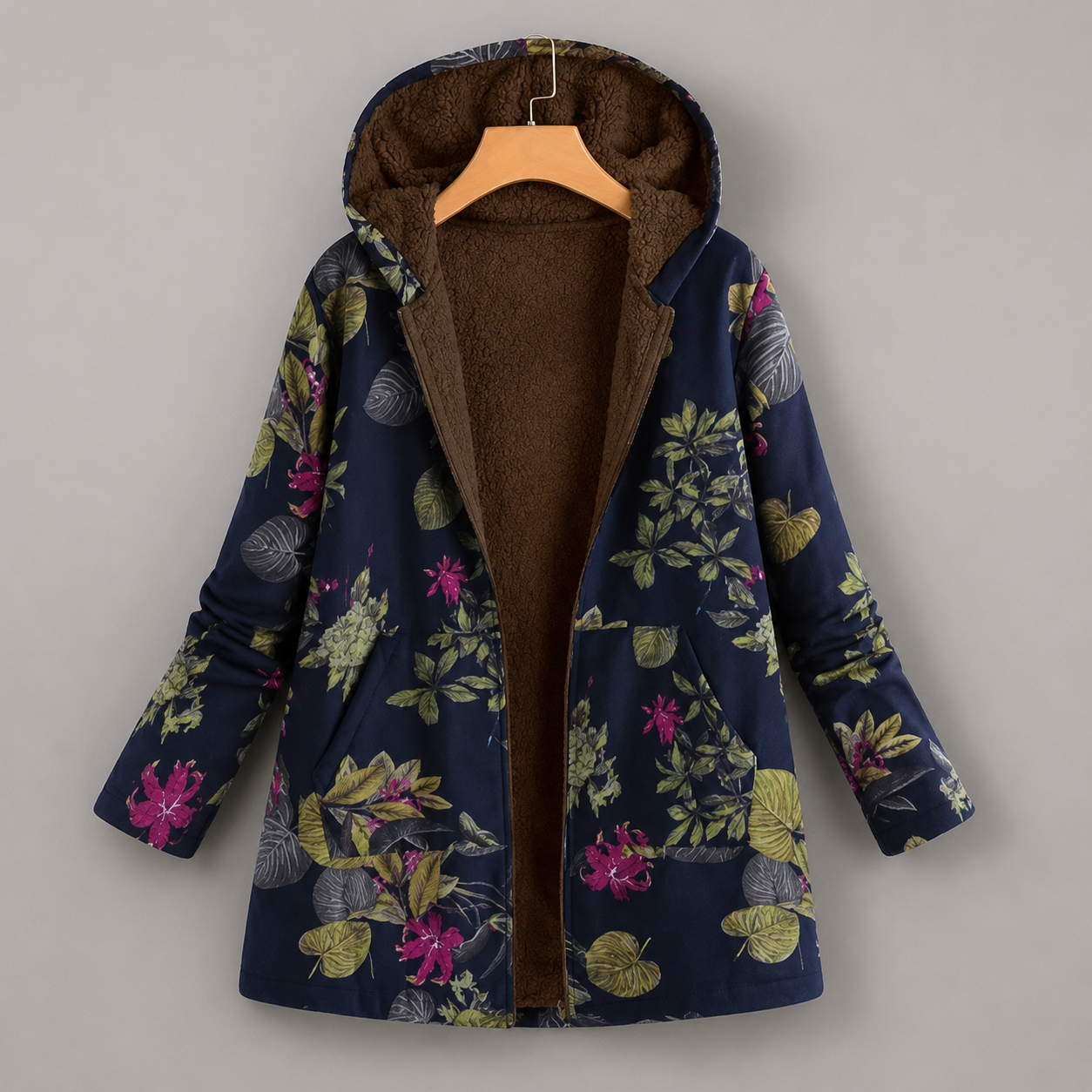 Floral Fleece Lined Hooded Coat - detail