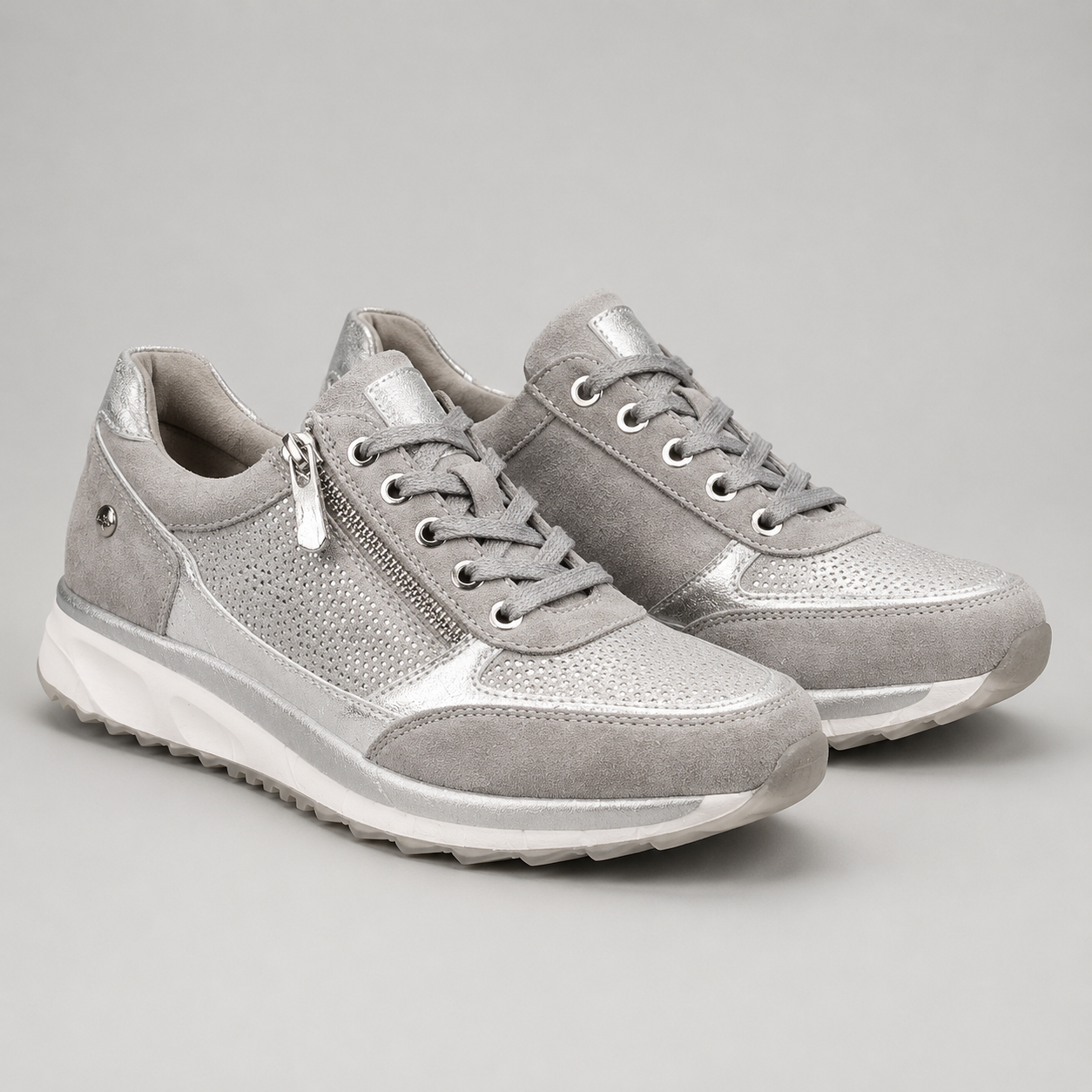 Metallic Zip Detail Sneakers - Silver Grey