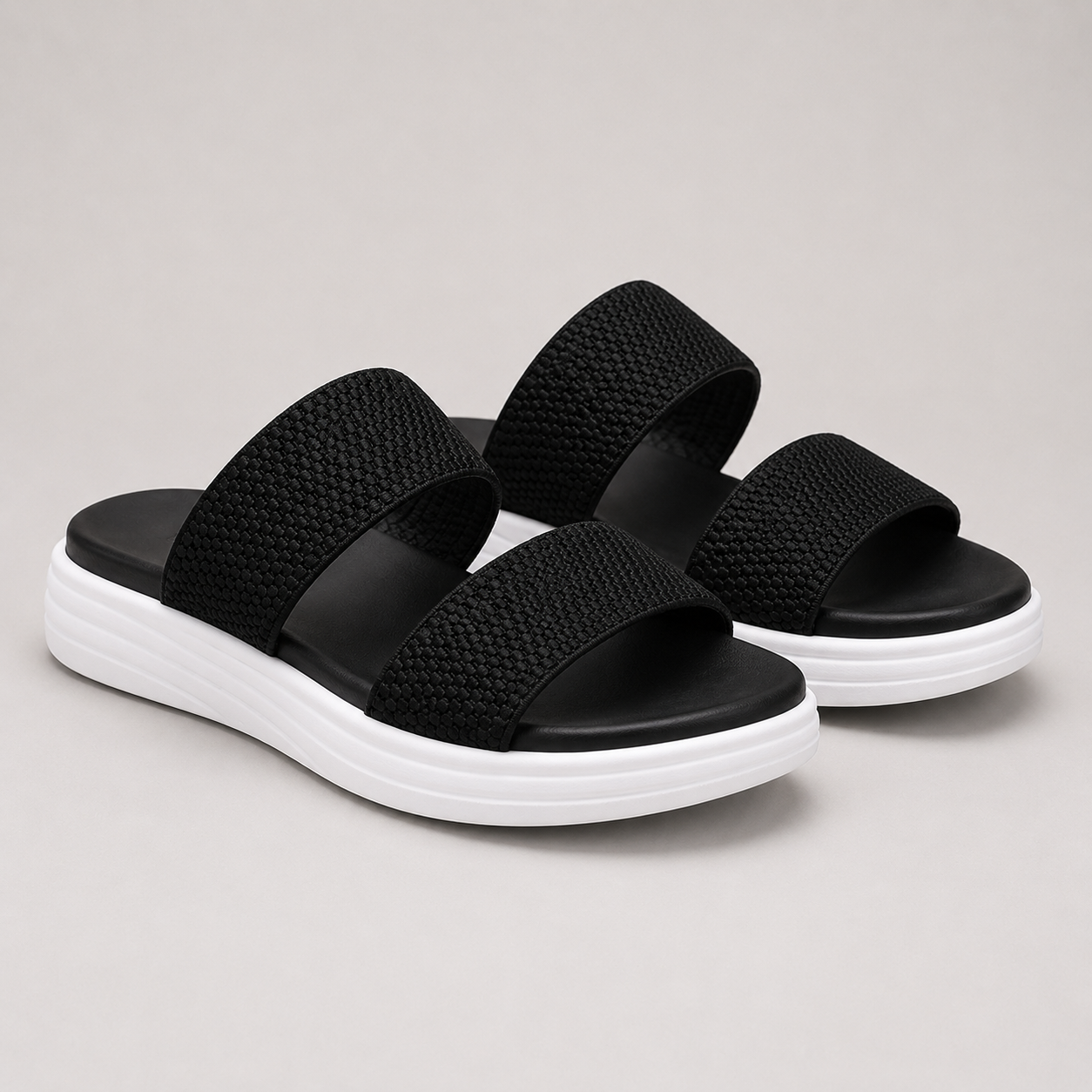 Knit Strap Platform Slides - Black