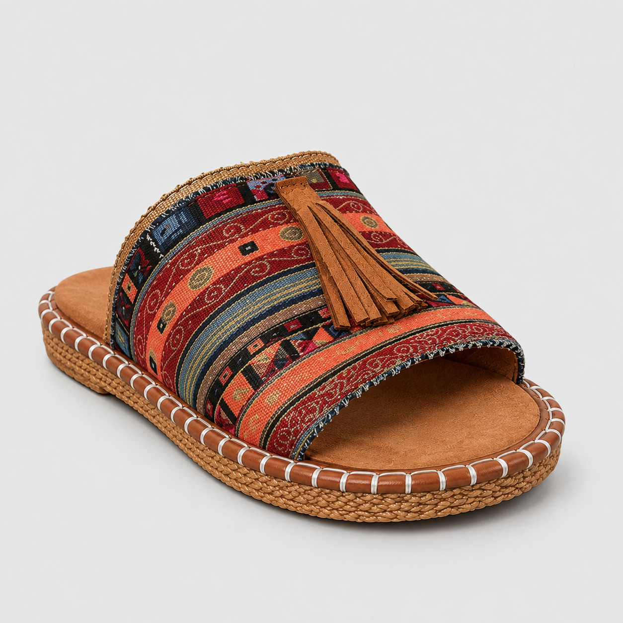 Boho Tassel Slide Sandals - Terracotta Multi