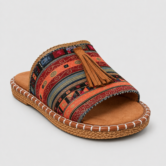 Boho Tassel Slide Sandals - Terracotta Multi