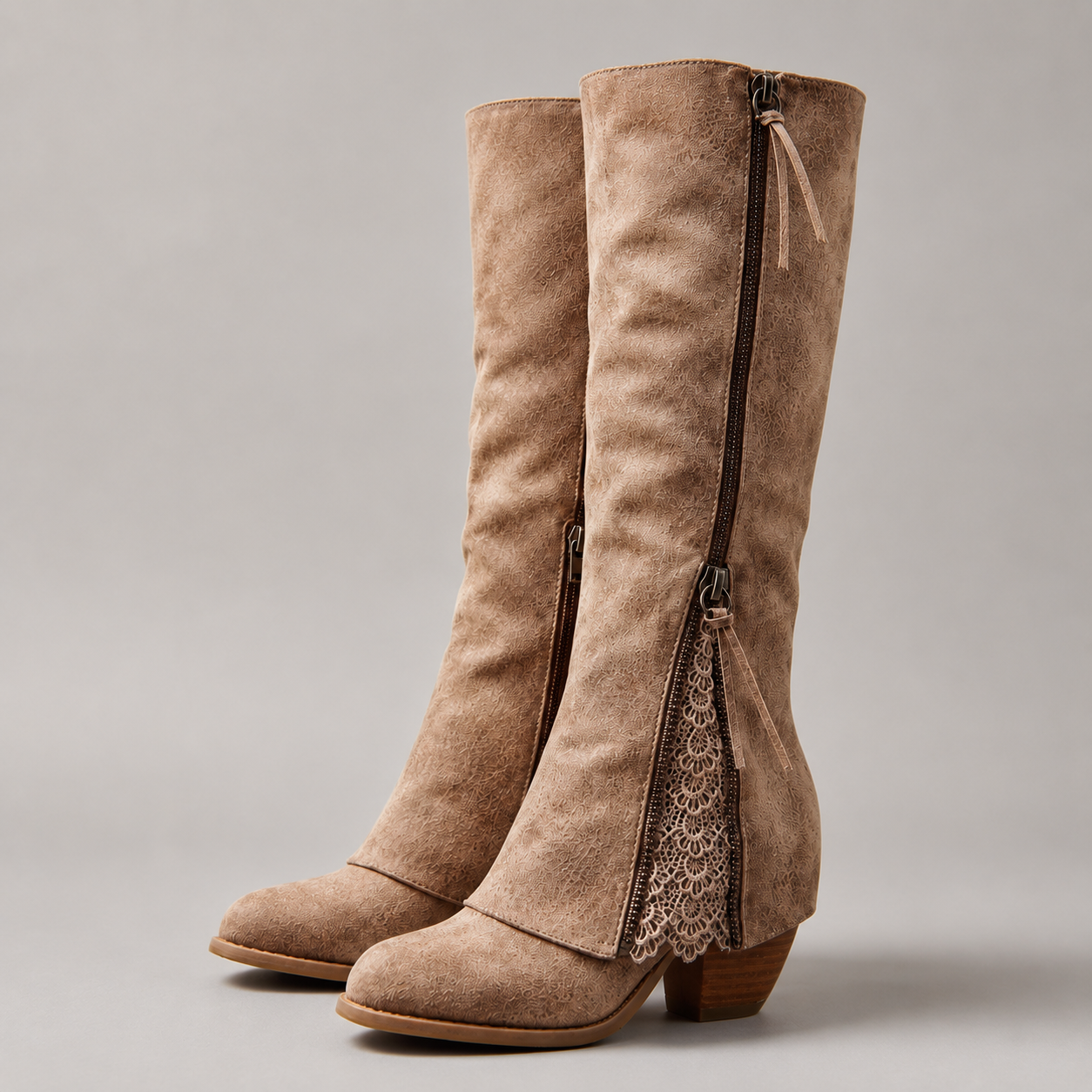 Lace Detail Knee High Boots - Taupe