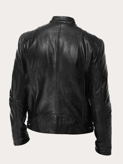 Men's classic leather-look moto jacket with zip front and stand collar