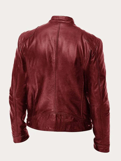 Men's classic leather-look moto jacket with zip front and stand collar