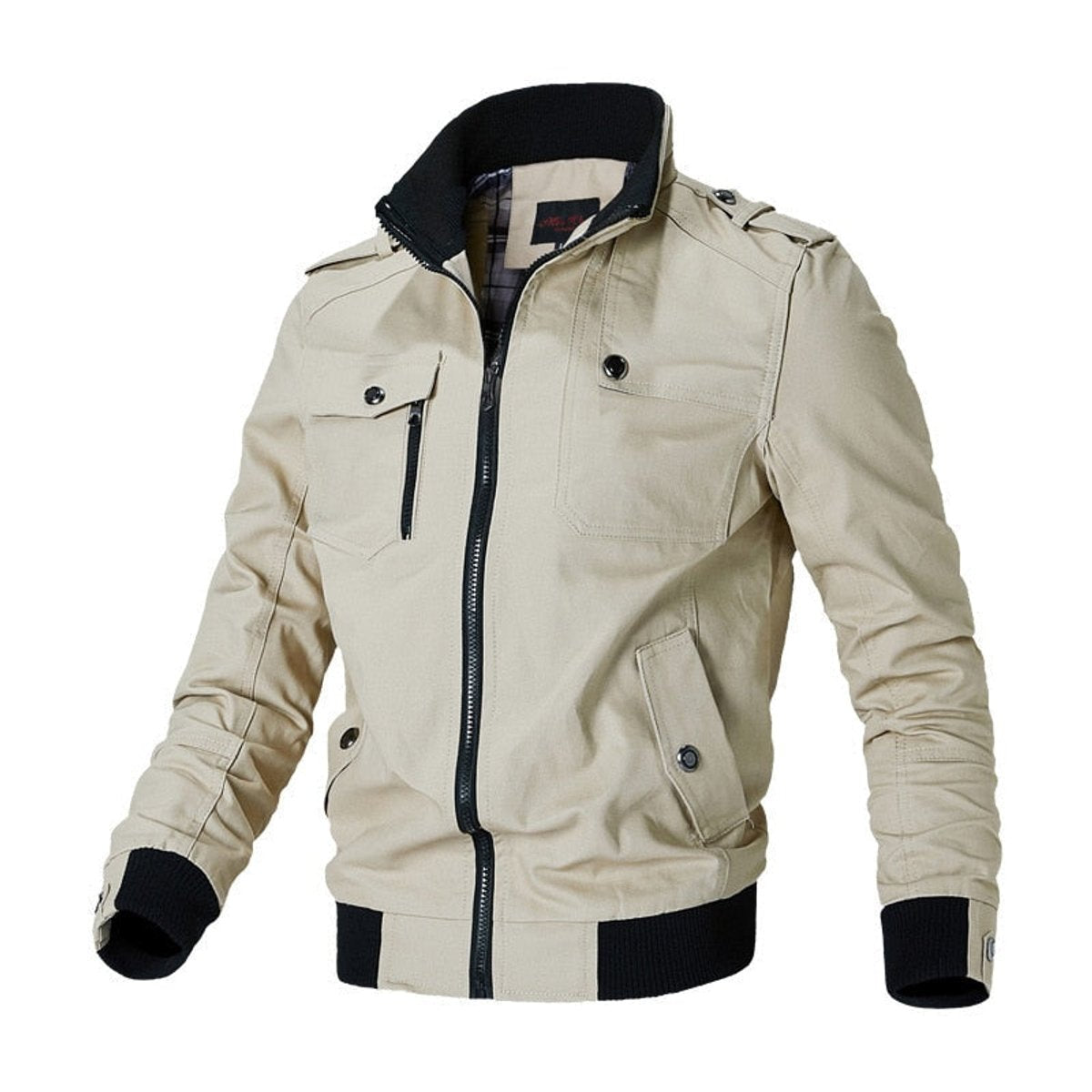 Men's military-inspired zip-up bomber jacket with ribbed cuffs