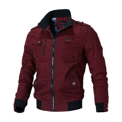 Men's military-inspired zip-up bomber jacket with ribbed cuffs