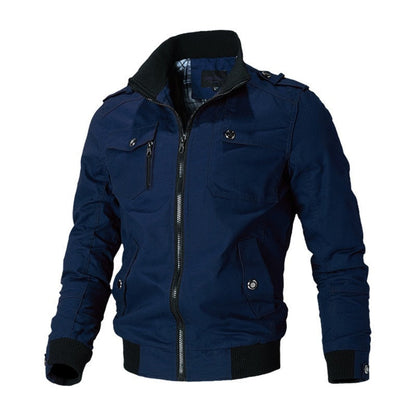 Men's military-inspired zip-up bomber jacket with ribbed cuffs