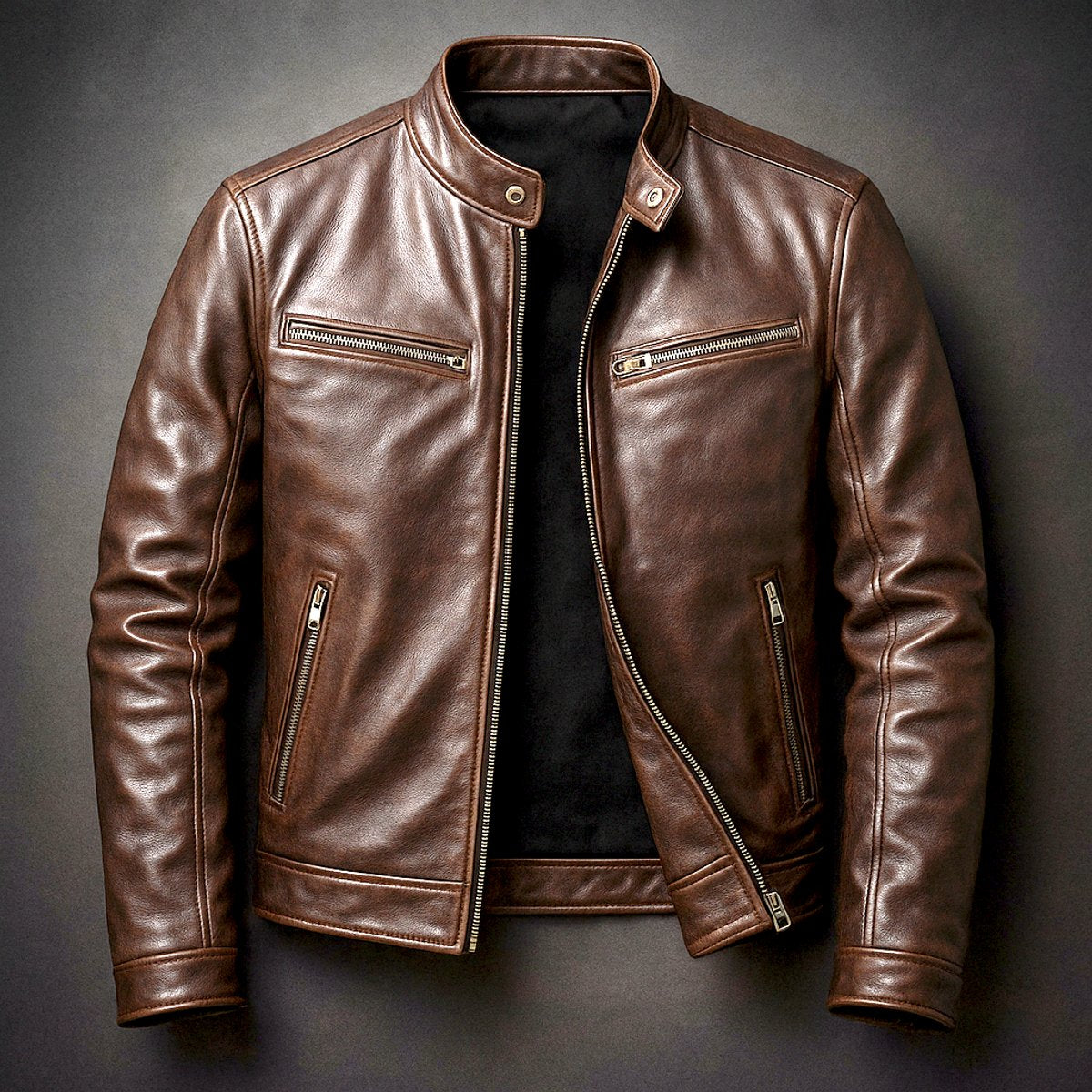 Men's vintage leather-look biker jacket with full zip front