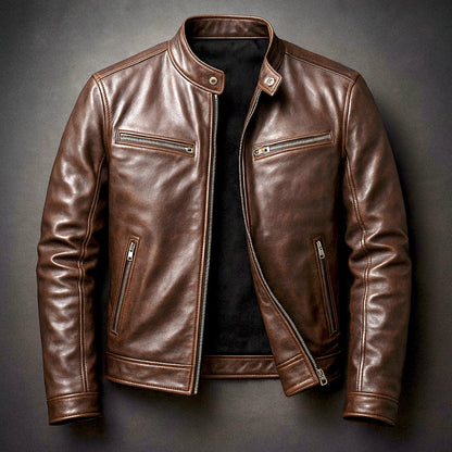 Men's vintage leather-look biker jacket with full zip front