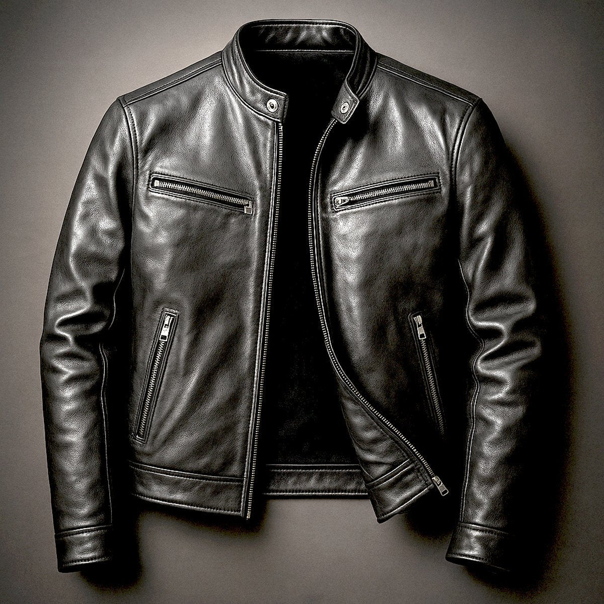 Men's vintage leather-look biker jacket with full zip front