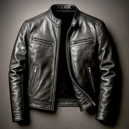 Men's vintage leather-look biker jacket with full zip front