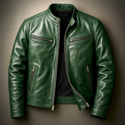 Men's vintage leather-look biker jacket with full zip front