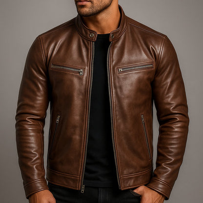 Men's vintage leather-look biker jacket with full zip front