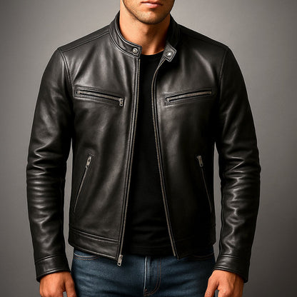 Men's vintage leather-look biker jacket with full zip front