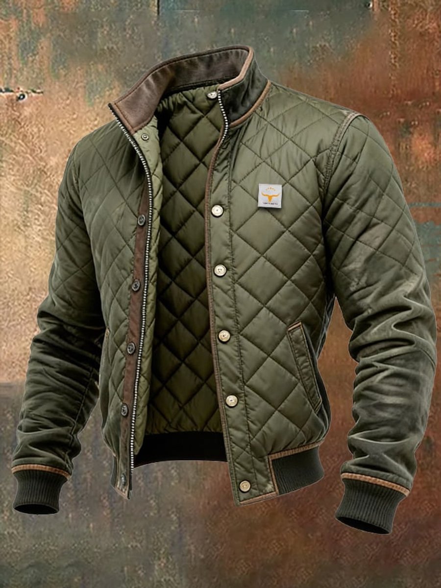 Men's Quilted Jacket Stand Collar Snap Button Bomber product view