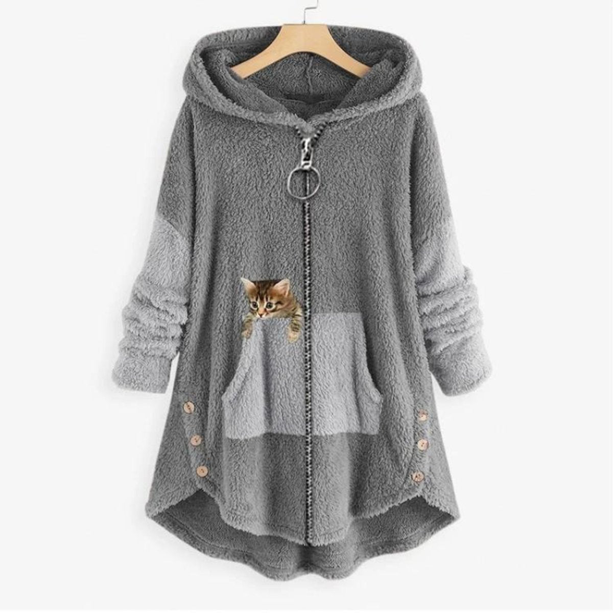 Women's Fleece Zip-Up Hooded Cat Pocket Sweater product view