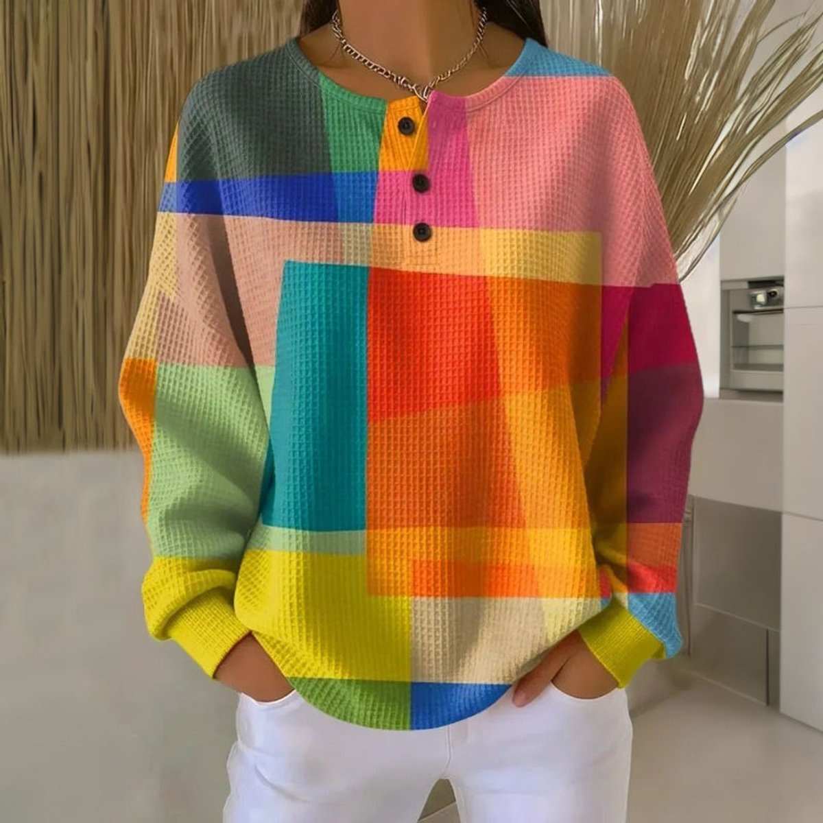 Women's Colorblock Waffle-Knit Long Sleeve Henley Sweater product view