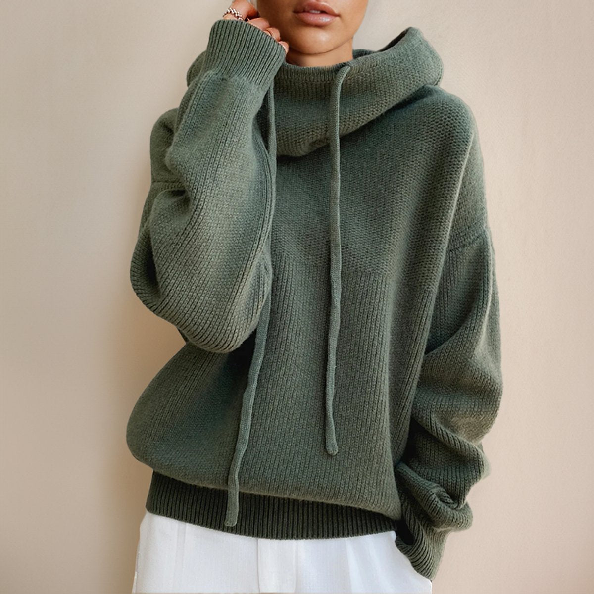 Women's Oversized Merino Wool Hooded Turtleneck Sweater product view
