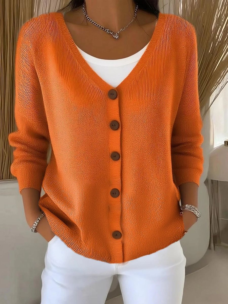 Women's V-Neck Button-Front Long Sleeve Knit Sweater product view
