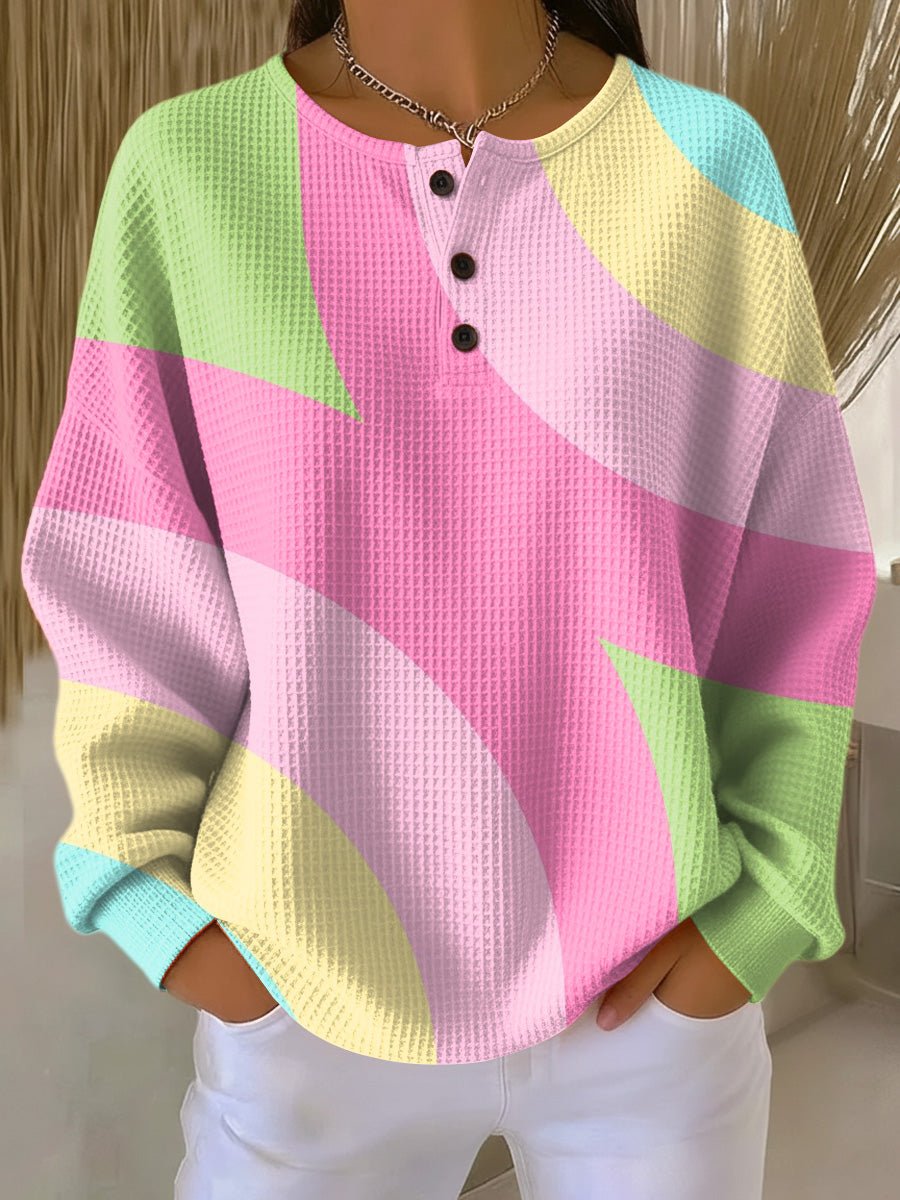 Women's Pastel Color-Block Waffle-Knit Henley Pullover Sweater product view
