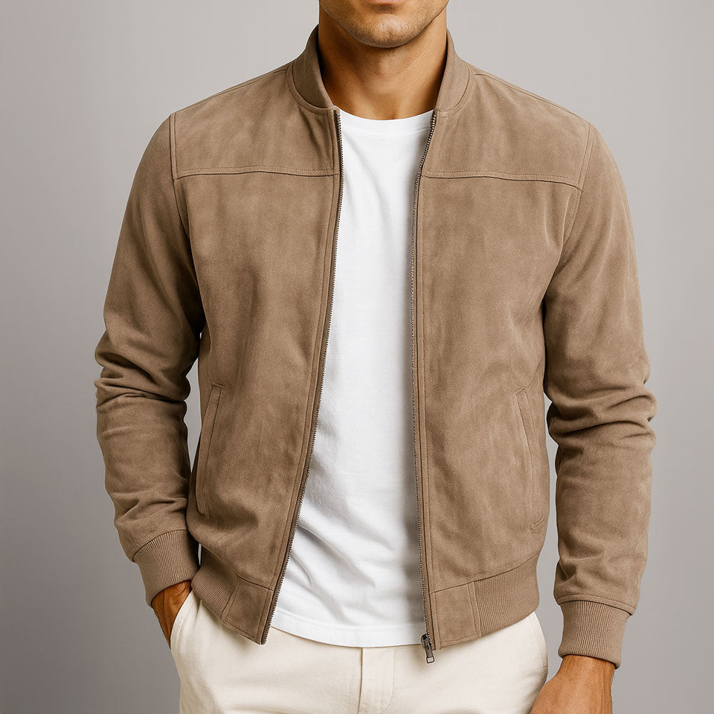 Men's Suede Bomber Jacket with Zip Front and Rib Trim product view