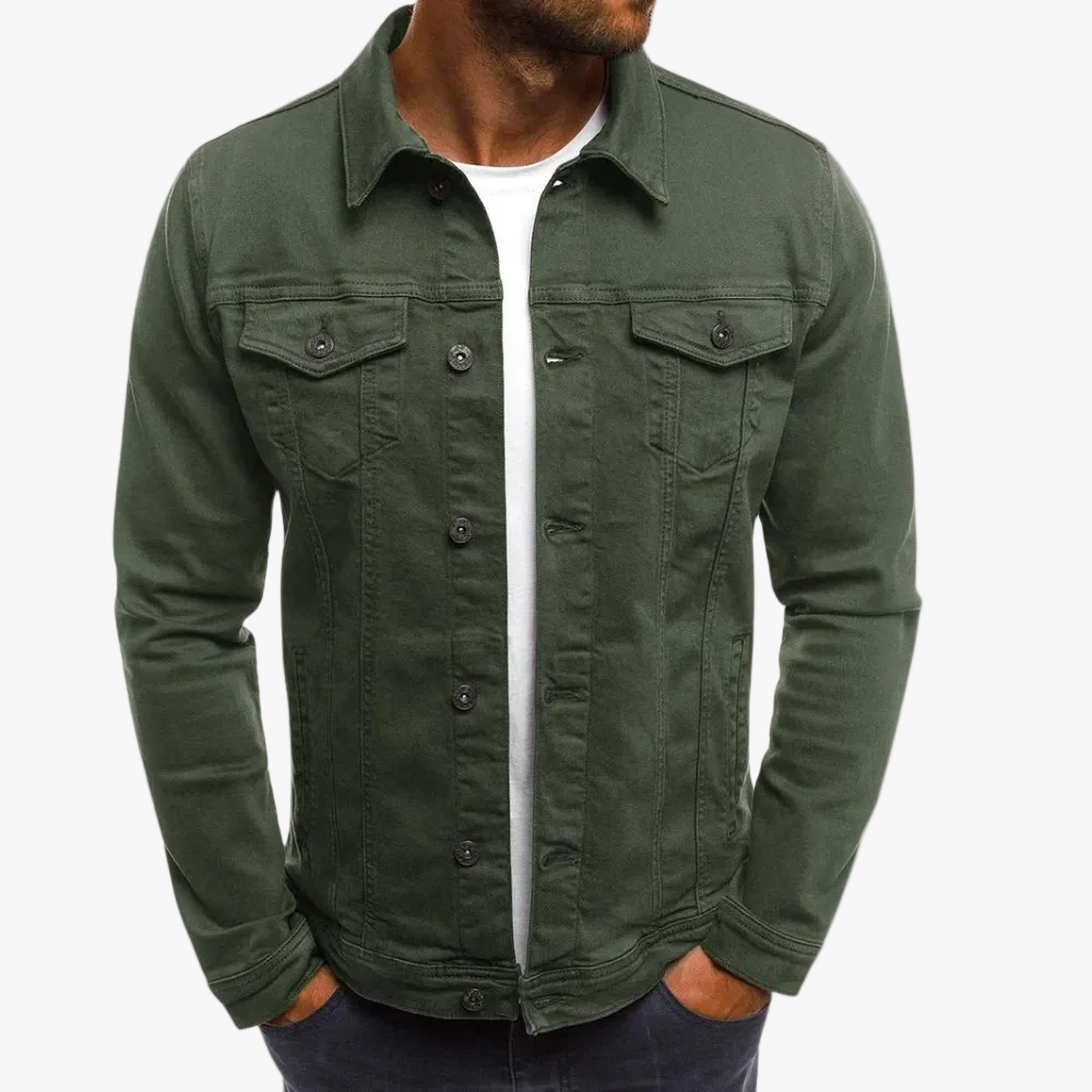 Men's Denim Trucker Jacket with Button Front and Flap Pockets product view