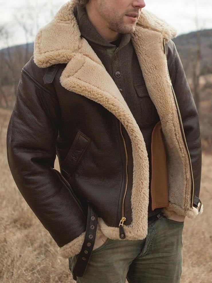Men's Coated Jacket with Faux Shearling Trim and Asym Zip product view