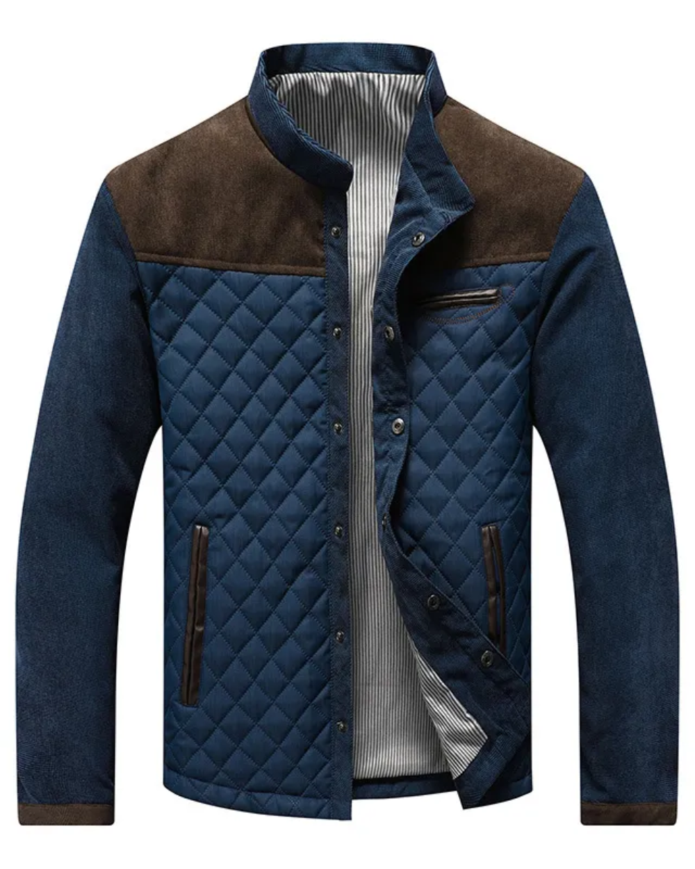 Men's Quilted Outerwear Jacket with Stand Collar and Snap Front product view