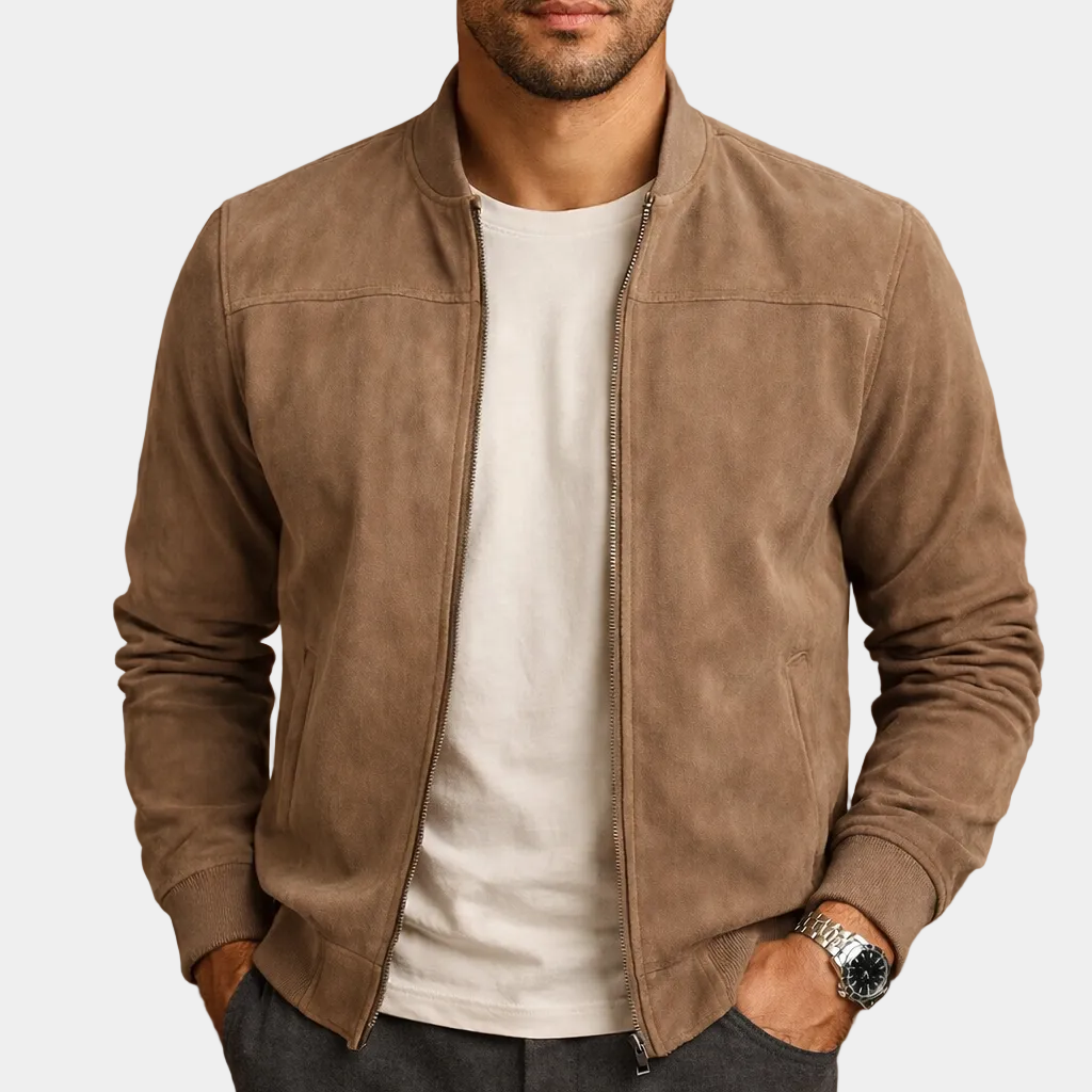 Casual suede- bomber jacket with zip front and ribbed trim product view