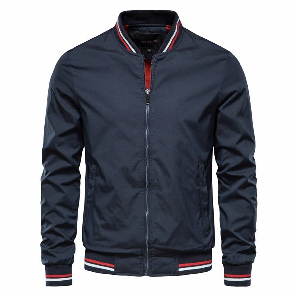 Men's Solid Zip-Up Bomber Jacket Ribbed Collar Cuffs product view