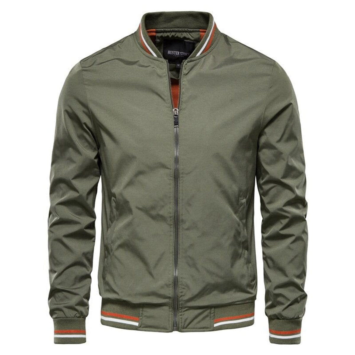 Men's Solid Zip-Up Bomber Jacket Ribbed Collar Cuffs product view
