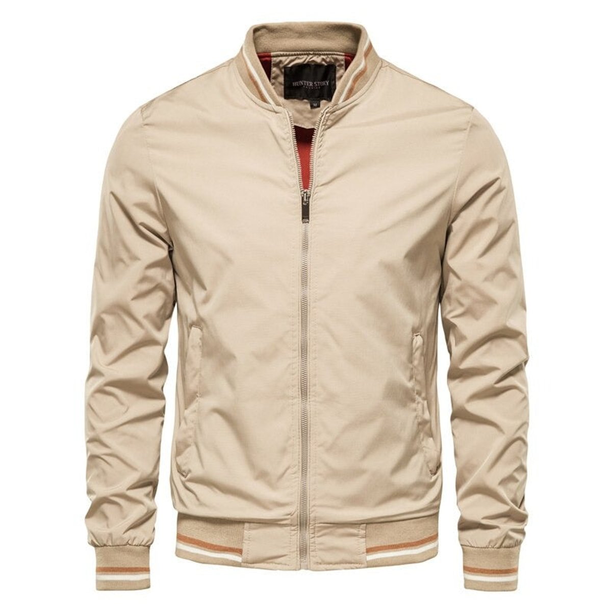Men's Solid Zip-Up Bomber Jacket Ribbed Collar Cuffs product view