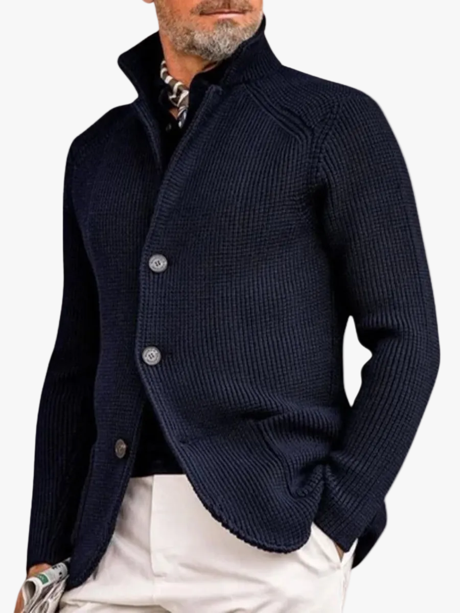 Men's Waffle-Knit Cardigan Sweater with Stand Collar and Button Front product view
