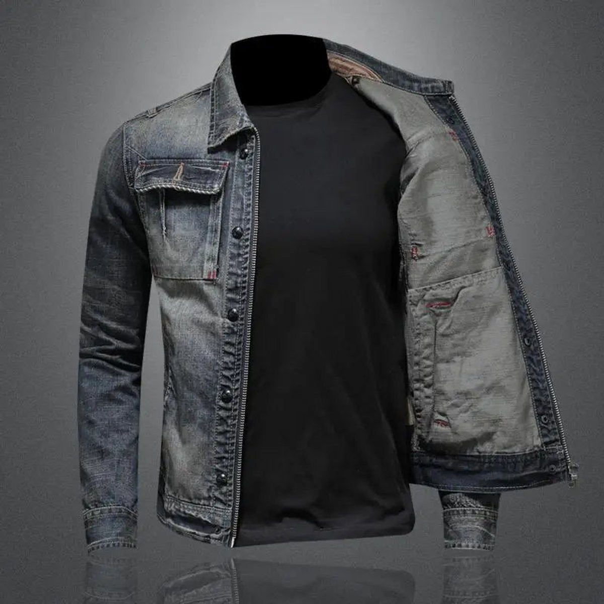 Men's Retro Washed Denim Zip-Up Jacket Casual Outerwear Coat product view
