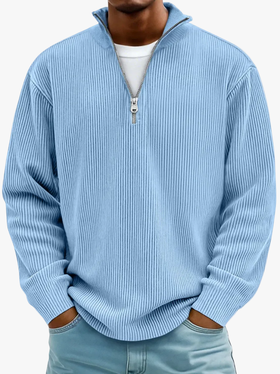 Men's Ribbed Knit Sweater With Quarter Zip And Stand Collar product view