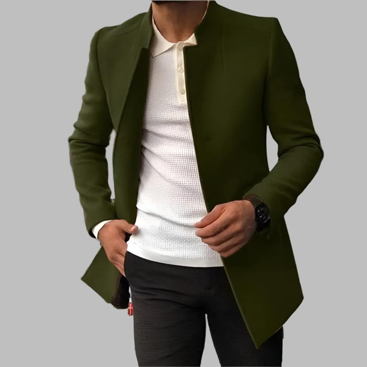 Men's Slim-Fit Collarless Wool Coat Open-Front product view
