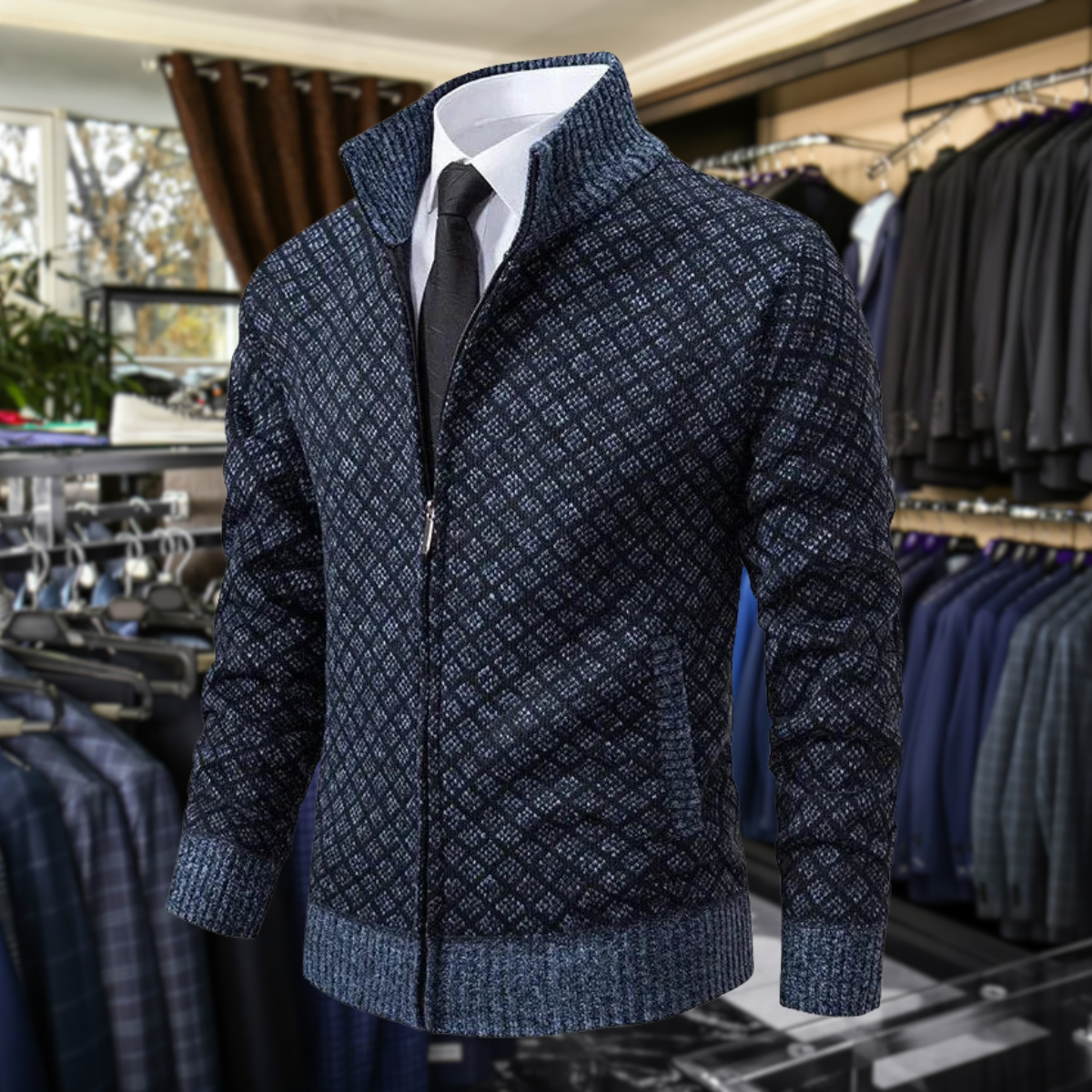 Men's Knit Zip-Up Sweater with Stand Collar and Pockets product view