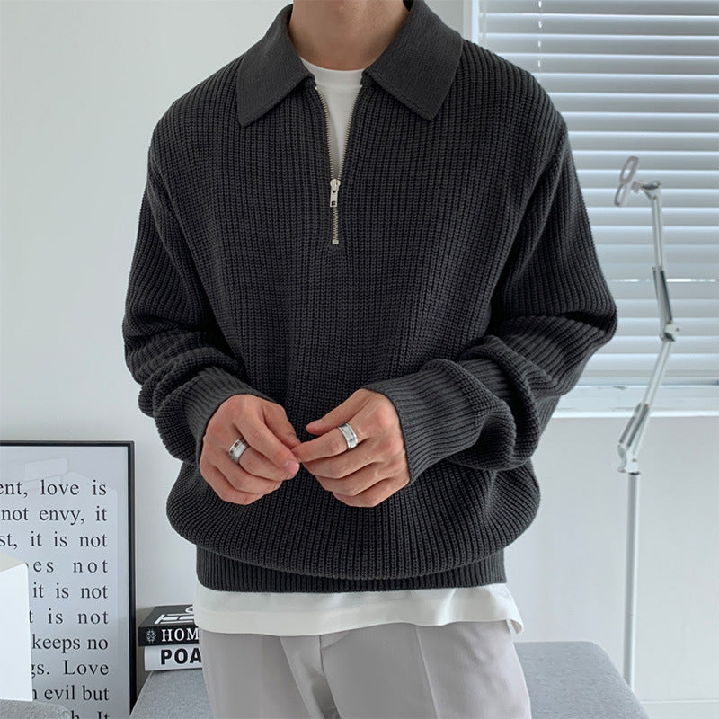 Rib Knit Sweater with Quarter Zip and Spread Collar product view