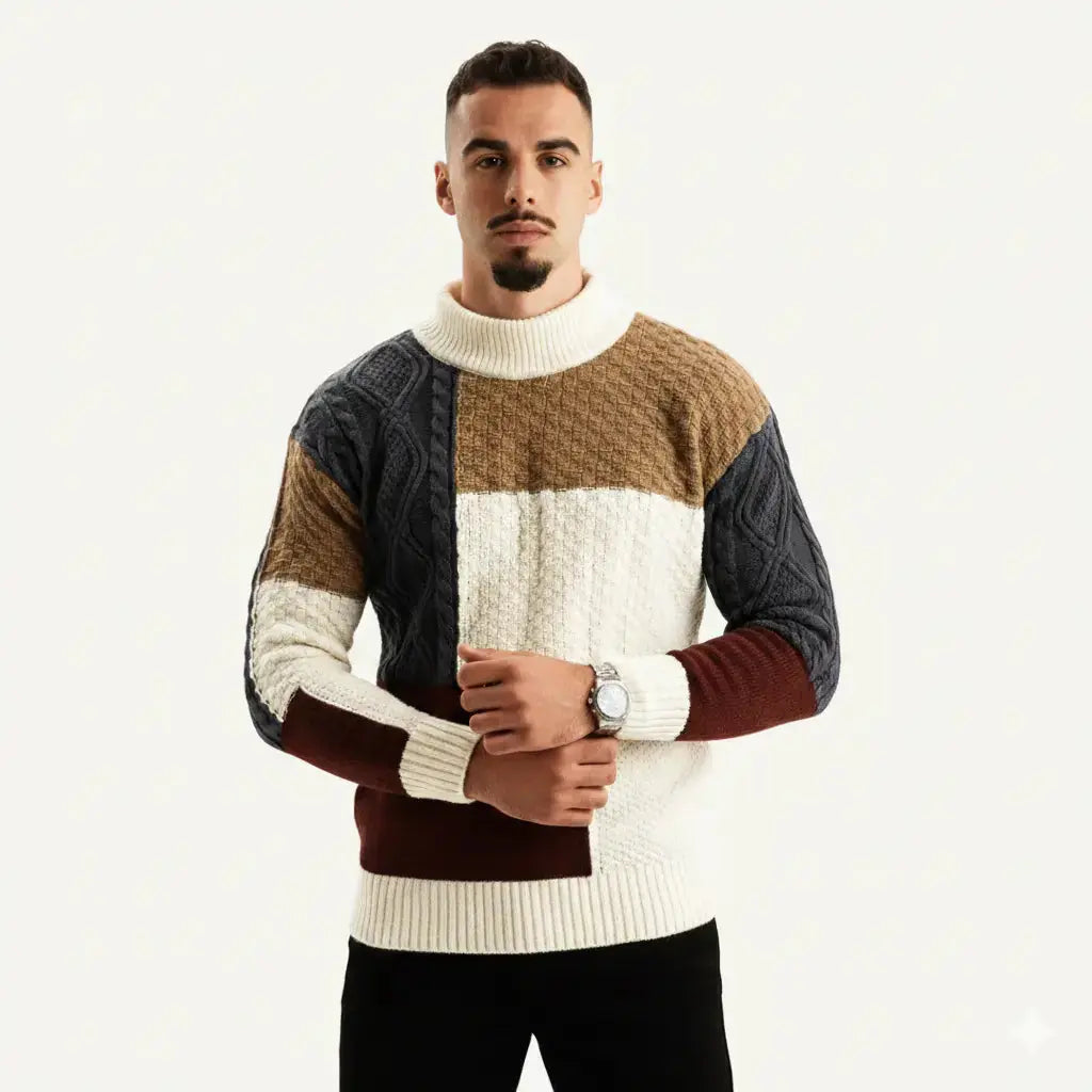 Patchwork Knit Sweater with Ribbed Hem and Long Sleeves product view