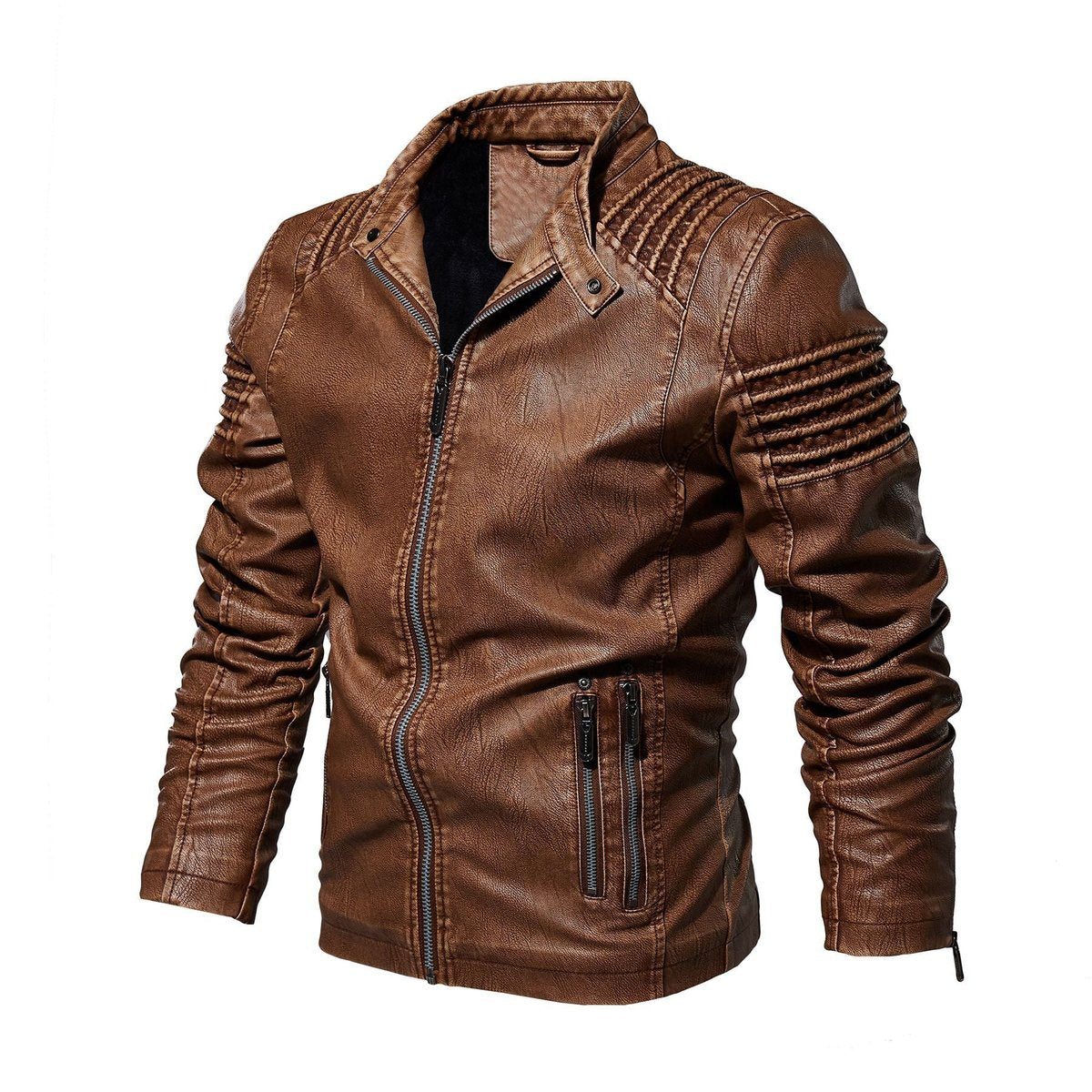 Men's Moto-Style Faux Leather Jacket Ribbed Shoulder product view