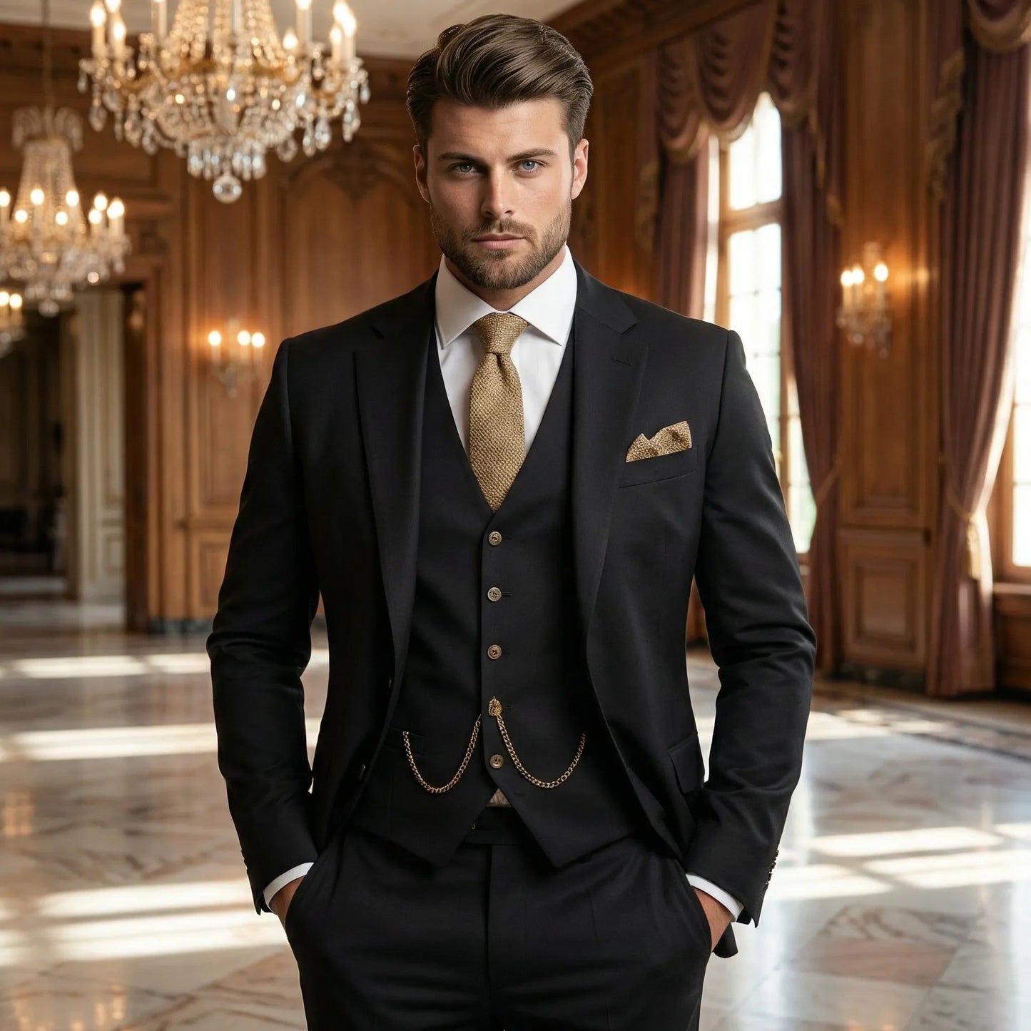 Three-piece slim-fit suit product view